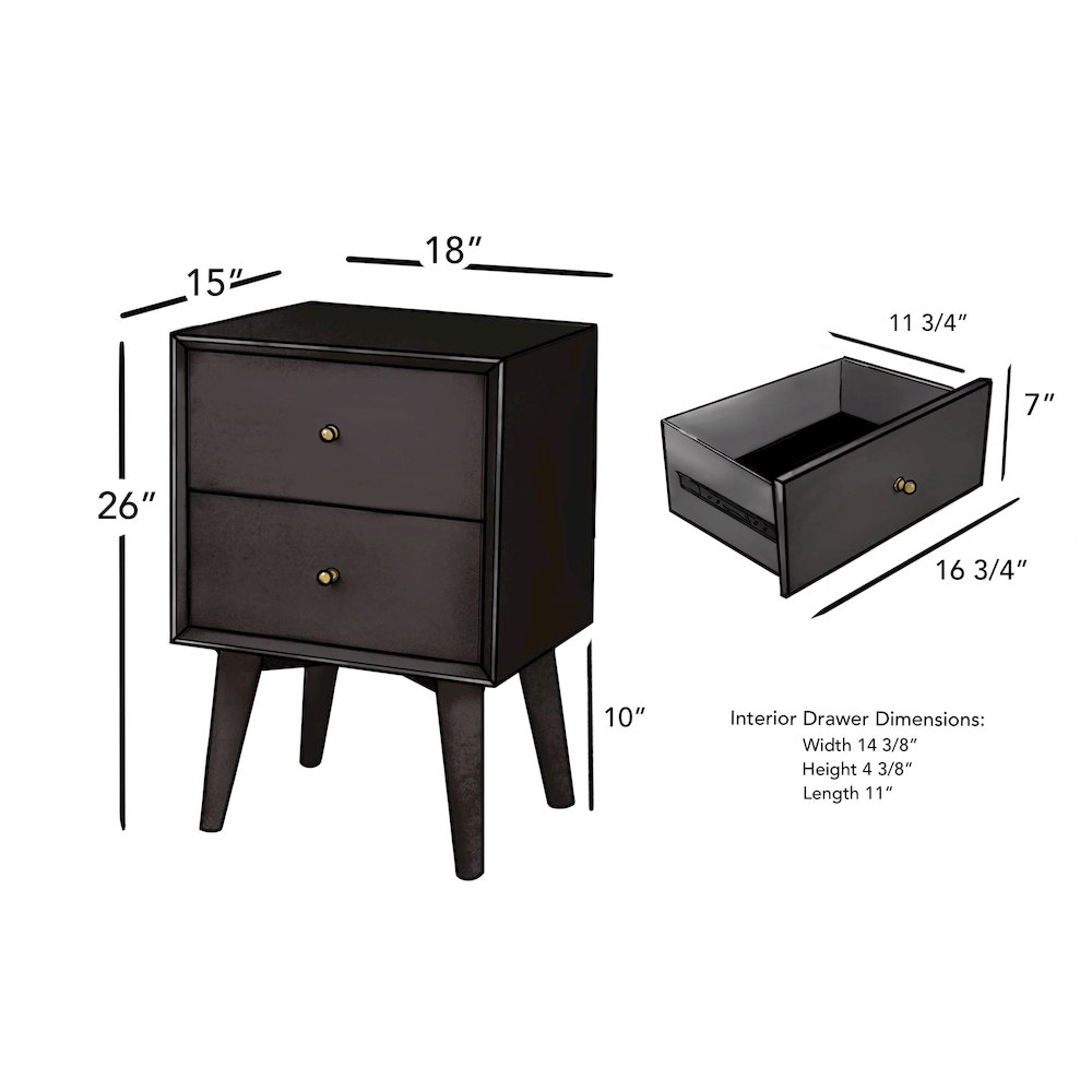Flynn Mid Century Modern 2 Drawer Nightstand, Black. Picture 10