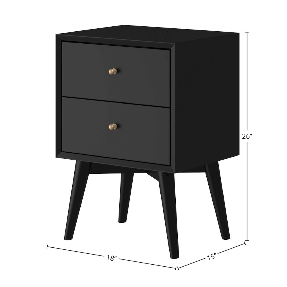 Flynn Mid Century Modern 2 Drawer Nightstand, Black. Picture 1