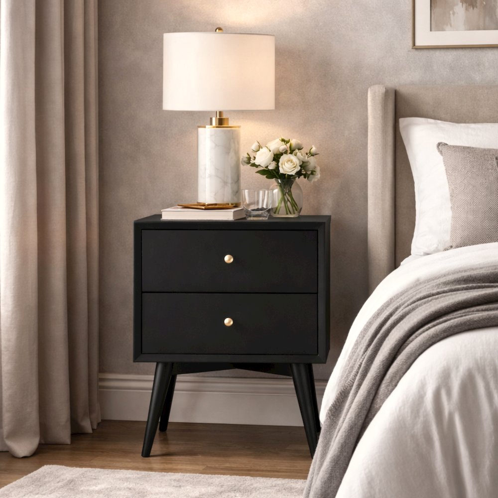 Flynn Mid Century Modern 2 Drawer Nightstand, Black. Picture 2