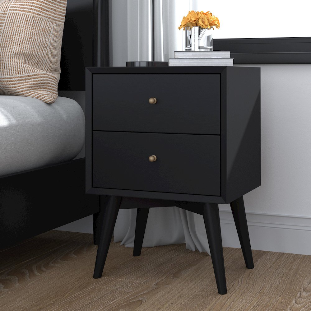 Flynn Mid Century Modern 2 Drawer Nightstand, Black. Picture 8