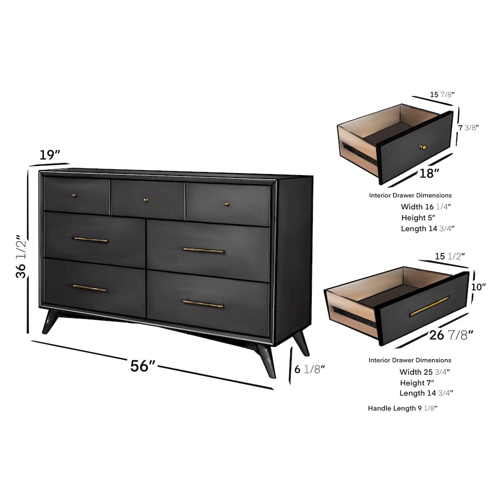 Flynn Mid Century Modern 7 Drawer Dresser, Black. Picture 15