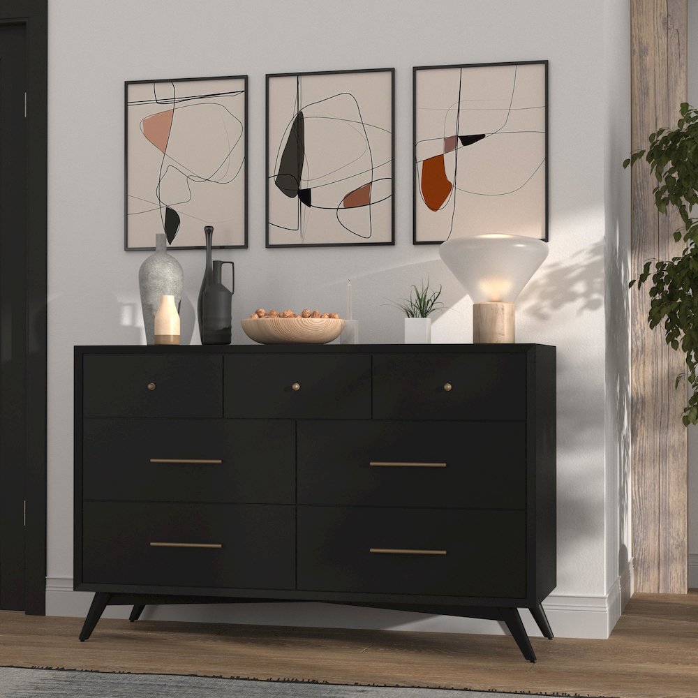 Flynn Mid Century Modern 7 Drawer Dresser, Black. Picture 16