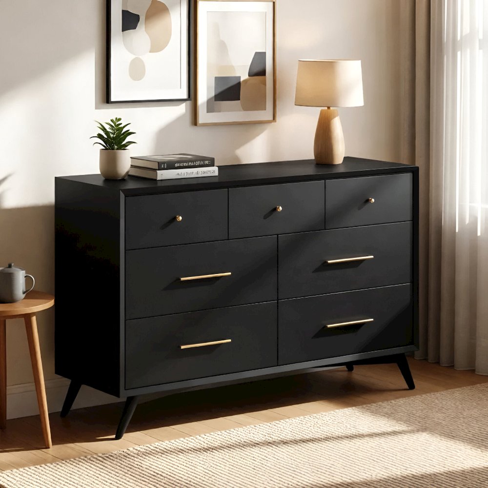 Flynn Mid Century Modern 7 Drawer Dresser, Black. Picture 2