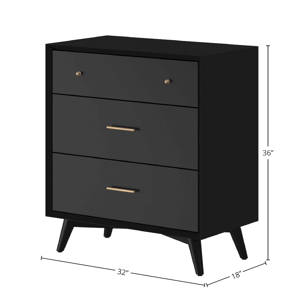 Flynn Mid Century Modern 3 Drawer Small Chest, Black. Picture 1