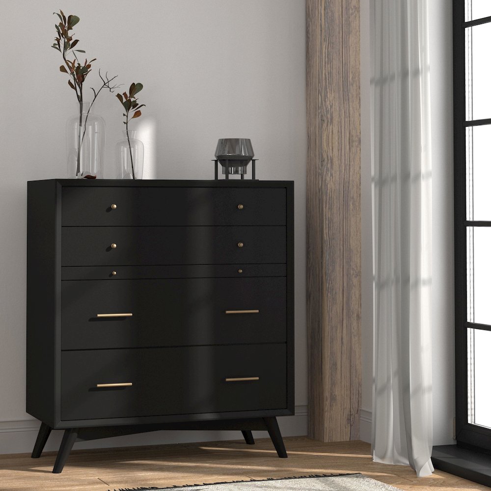 Flynn Mid Century Modern 4 Drawer Multifunction Chest w/Pull Out Tray, Black. Picture 10