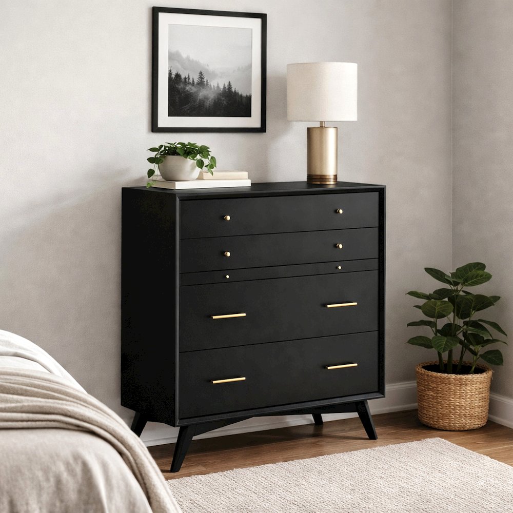 Flynn Mid Century Modern 4 Drawer Multifunction Chest w/Pull Out Tray, Black. Picture 2