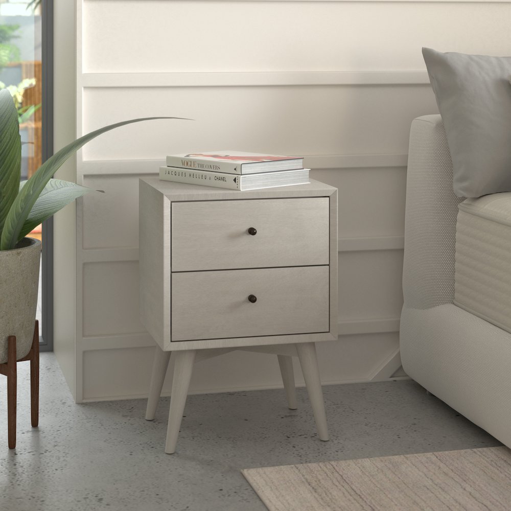 Flynn Mid Century Modern 2 Drawer Nightstand, Gray. Picture 4
