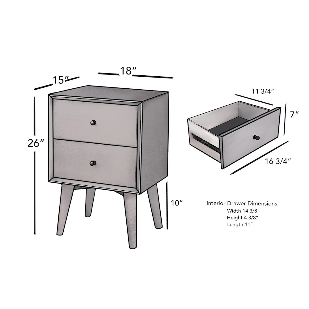 Flynn Mid Century Modern 2 Drawer Nightstand, Gray. Picture 6