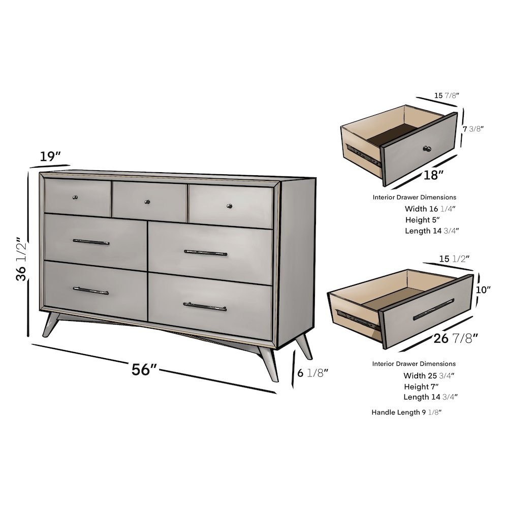 Flynn Mid Century Modern 7 Drawer Dresser, Gray. Picture 9
