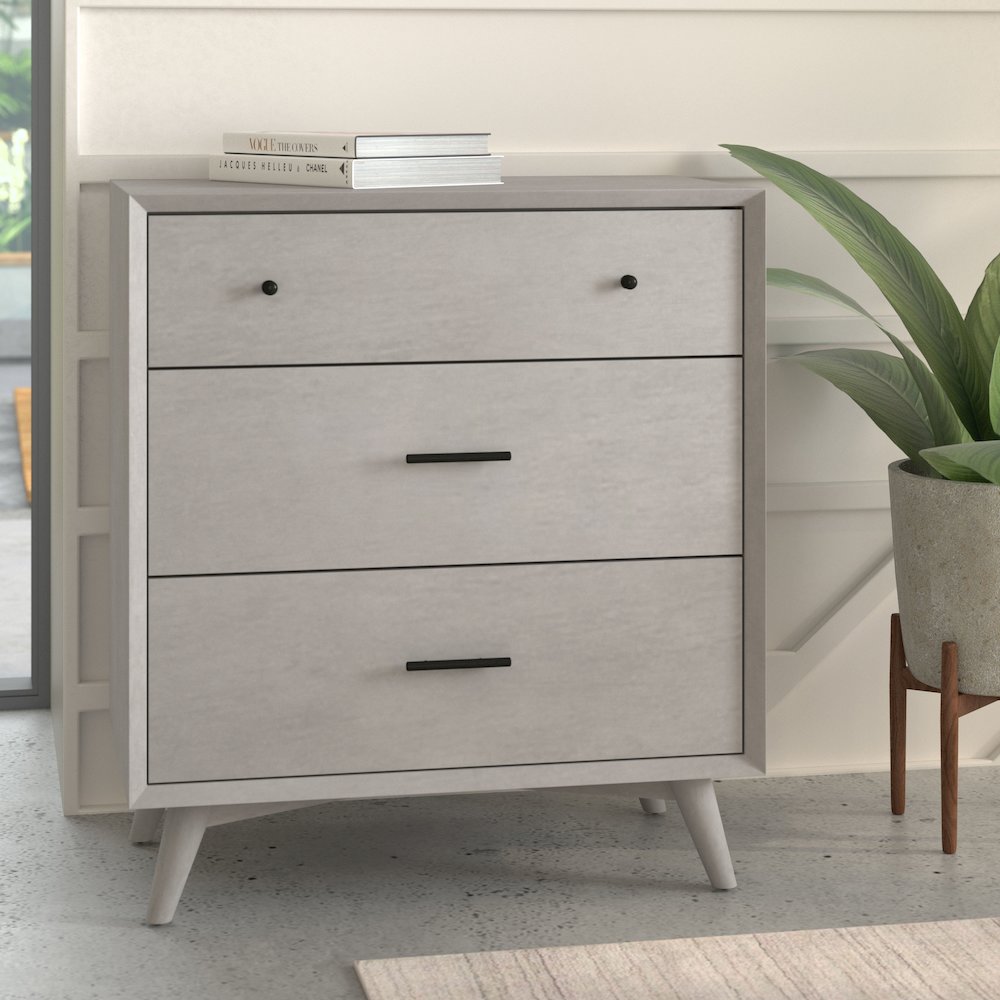 Flynn Mid Century Modern 3 Drawer Small Chest, Gray. Picture 5