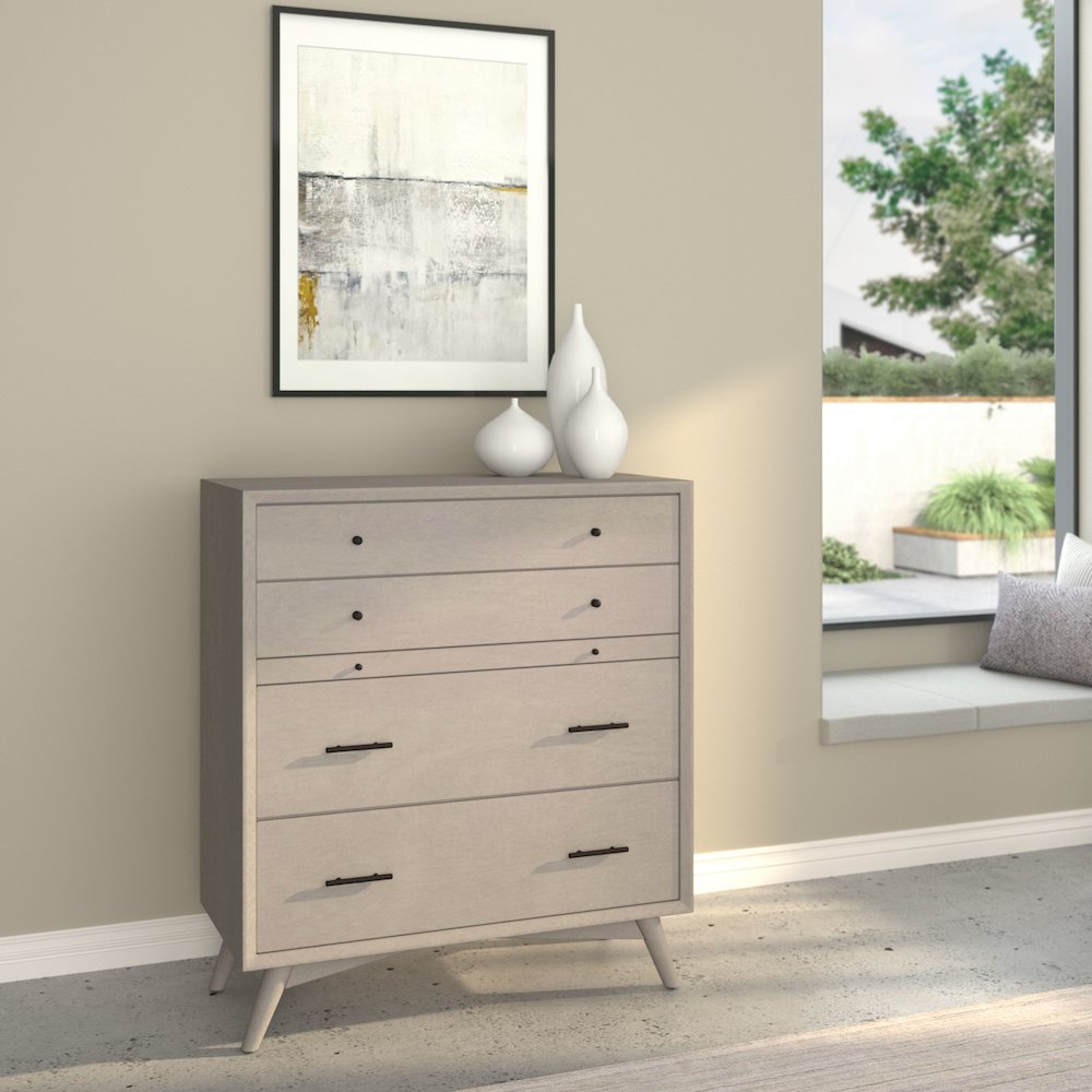 Flynn Mid Century Modern 4 Drawer Multifunction Chest w/Pull Out Tray, Gray. Picture 5