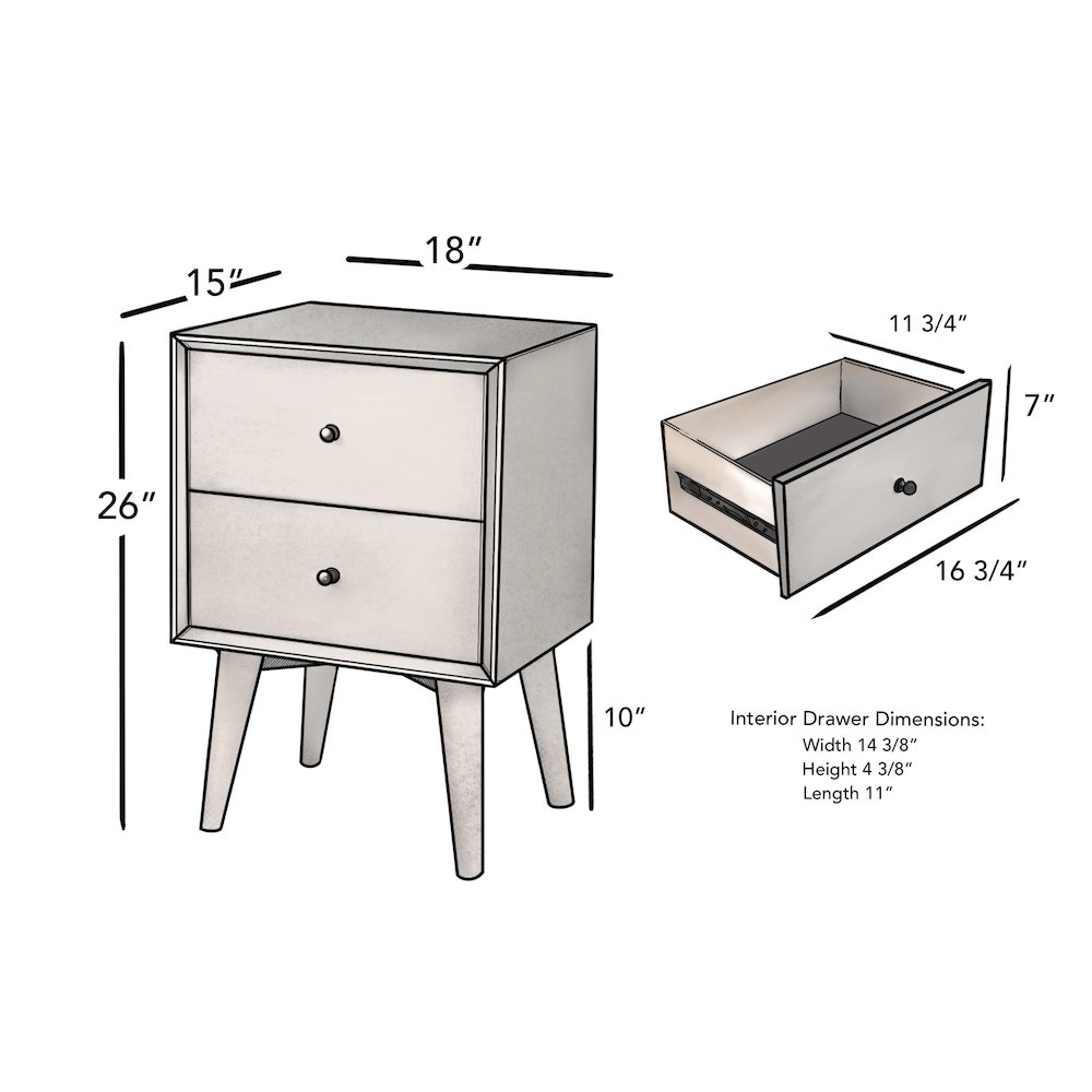 Flynn Mid Century Modern 2 Drawer Nightstand, White. Picture 7