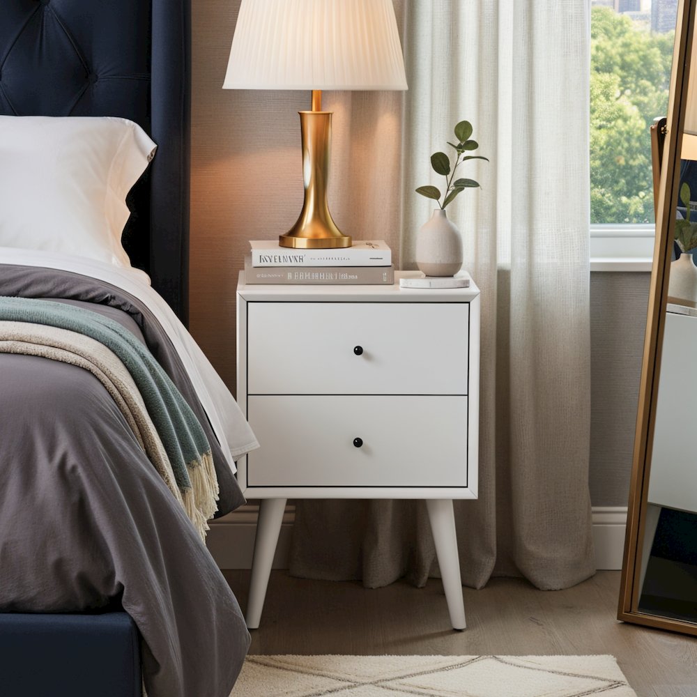 Flynn Mid Century Modern 2 Drawer Nightstand, White. Picture 2