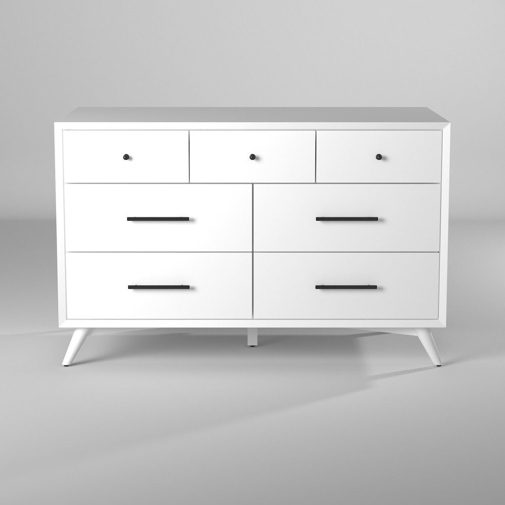 Flynn Mid Century Modern 7 Drawer Dresser, White. Picture 3