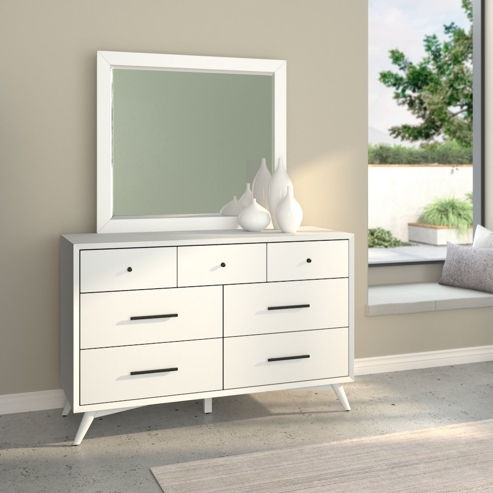 Flynn Mid Century Modern 7 Drawer Dresser, White. Picture 4