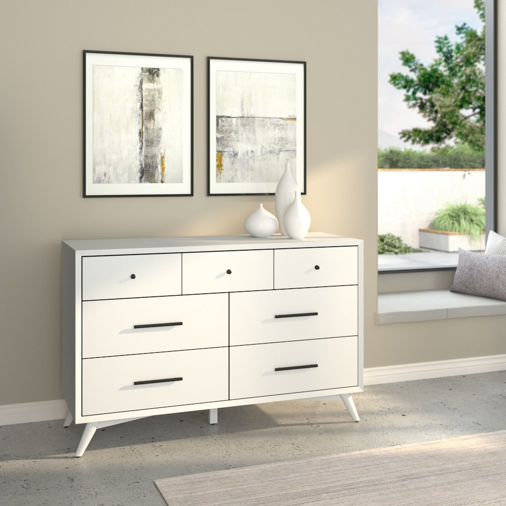 Flynn Mid Century Modern 7 Drawer Dresser, White. Picture 8