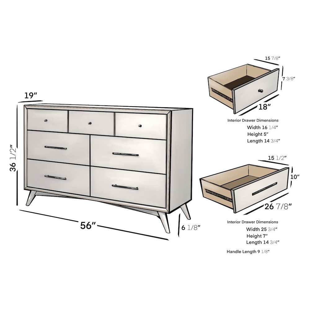 Flynn Mid Century Modern 7 Drawer Dresser, White. Picture 11