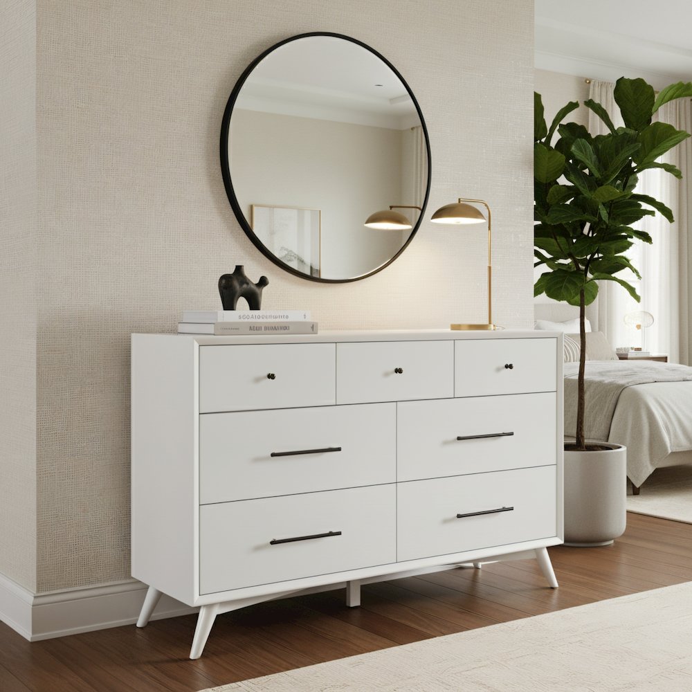 Flynn Mid Century Modern 7 Drawer Dresser, White. Picture 6