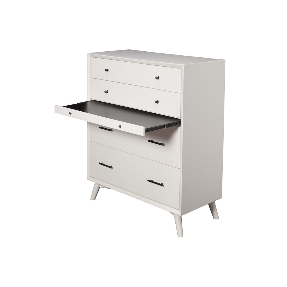 Flynn Mid Century Modern 4 Drawer Multifunction Chest w/Pull Out Tray, White. Picture 4