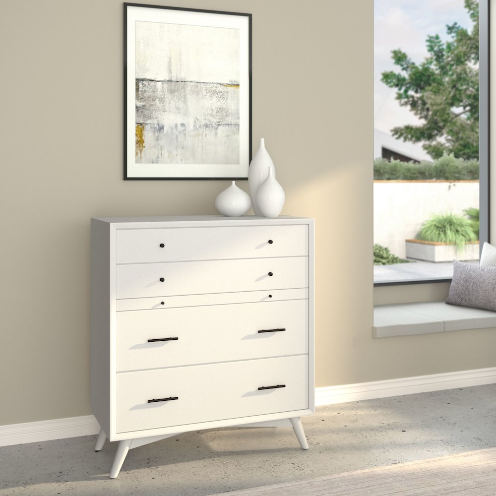 Flynn Mid Century Modern 4 Drawer Multifunction Chest w/Pull Out Tray, White. Picture 6