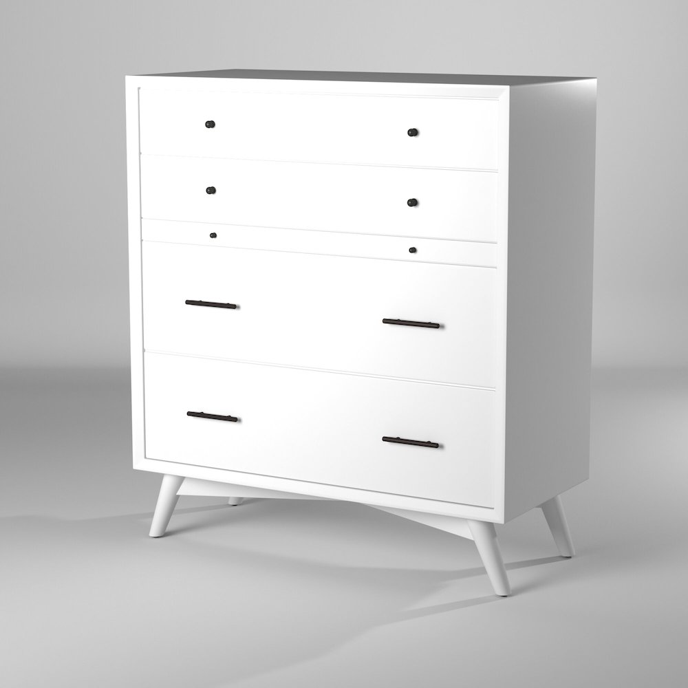 Flynn Mid Century Modern 4 Drawer Multifunction Chest w/Pull Out Tray, White. Picture 7