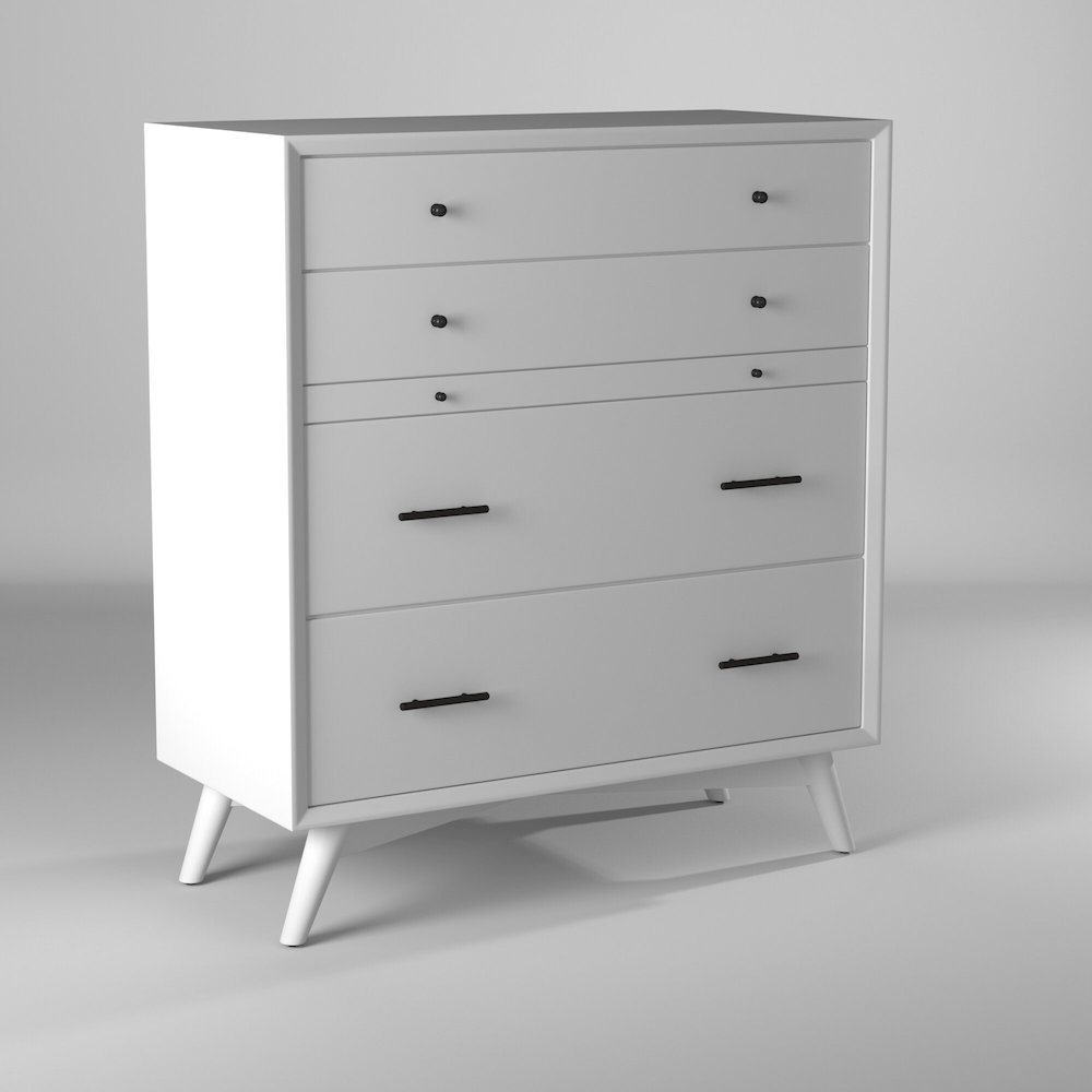 Flynn Mid Century Modern 4 Drawer Multifunction Chest w/Pull Out Tray, White. Picture 11
