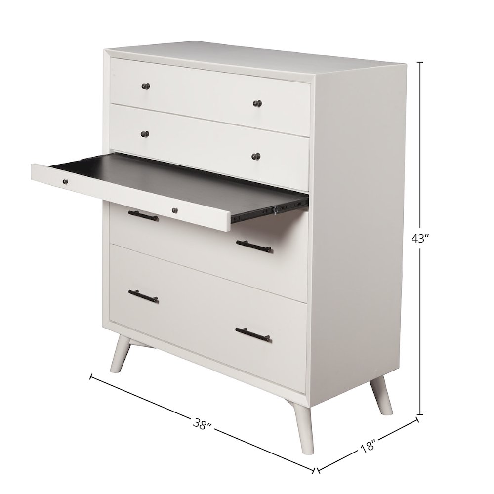 Flynn Mid Century Modern 4 Drawer Multifunction Chest w/Pull Out Tray, White. Picture 1