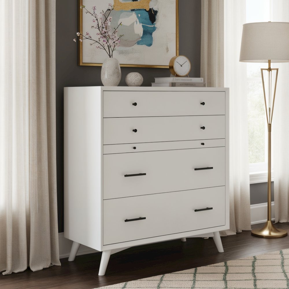 Flynn Mid Century Modern 4 Drawer Multifunction Chest w/Pull Out Tray, White. Picture 2
