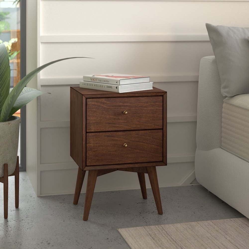 Flynn Mid Century Modern 2 Drawer Nightstand, Walnut. Picture 6