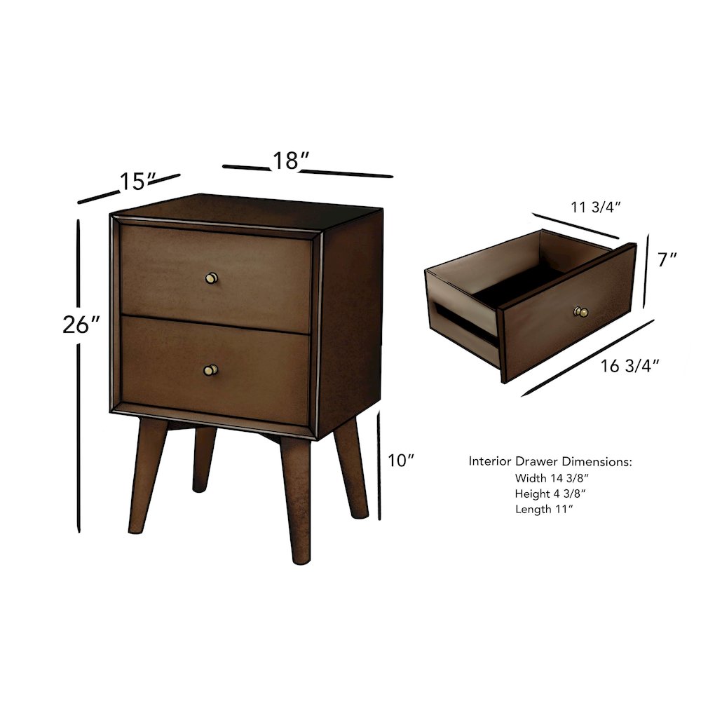 Flynn Mid Century Modern 2 Drawer Nightstand, Walnut. Picture 7