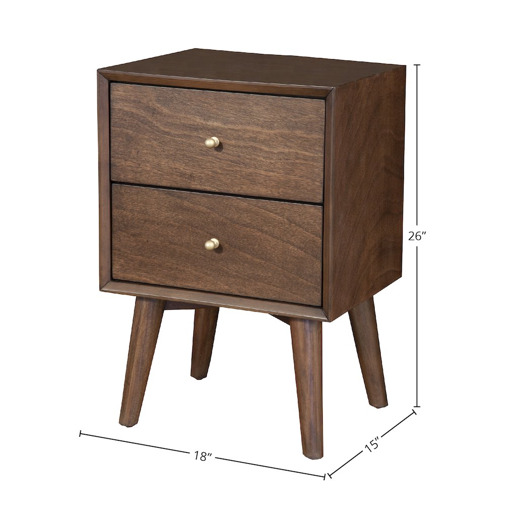 Flynn Mid Century Modern 2 Drawer Nightstand, Walnut. Picture 1