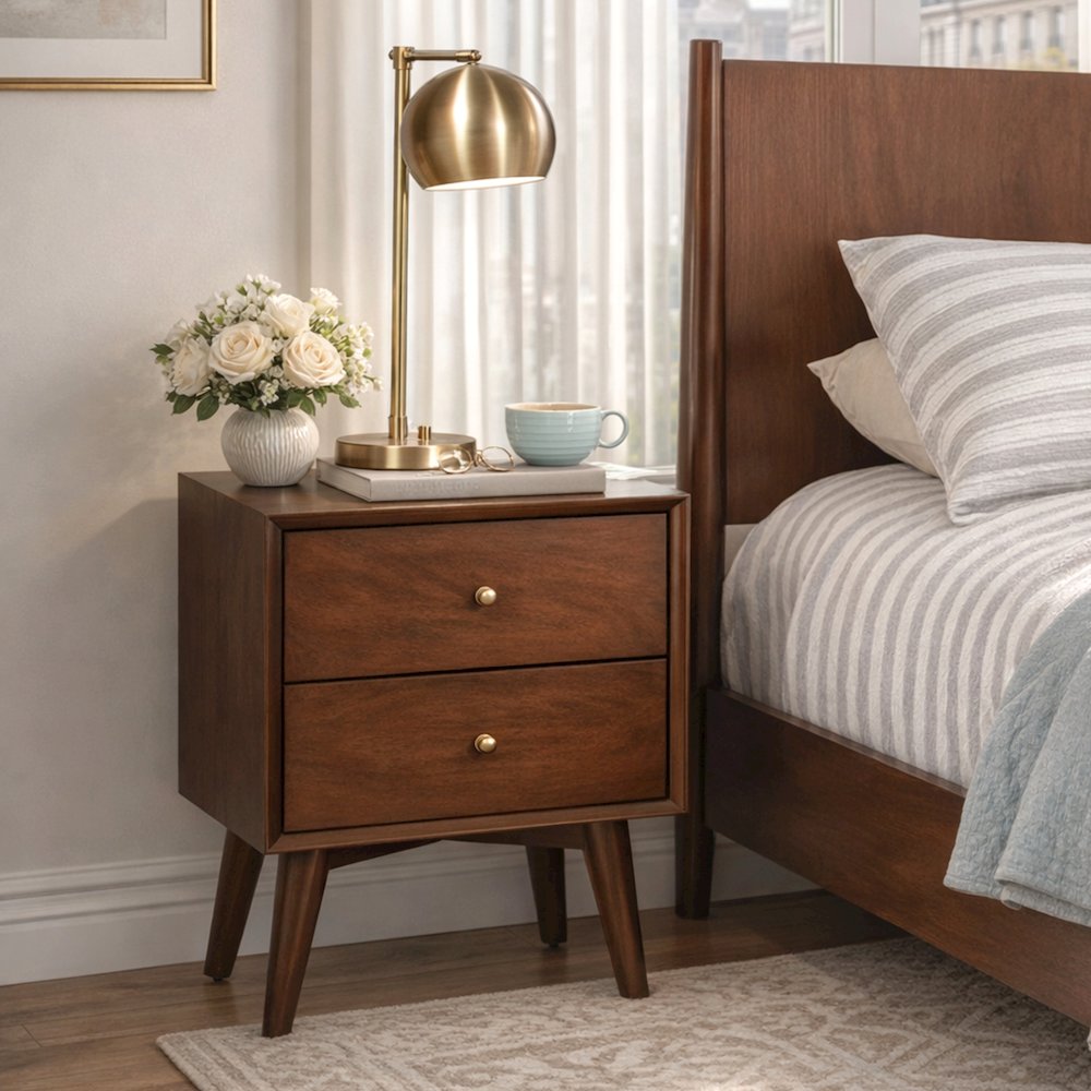 Flynn Mid Century Modern 2 Drawer Nightstand, Walnut. Picture 2