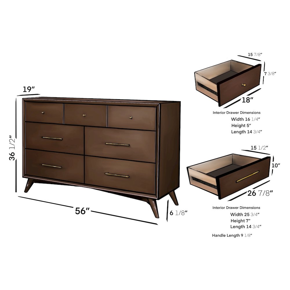 Flynn Mid Century Modern 7 Drawer Dresser, Walnut. Picture 14