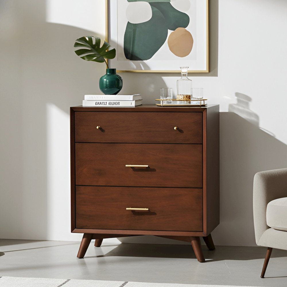 Flynn Mid Century Modern 3 Drawer Small Chest, Walnut. Picture 2