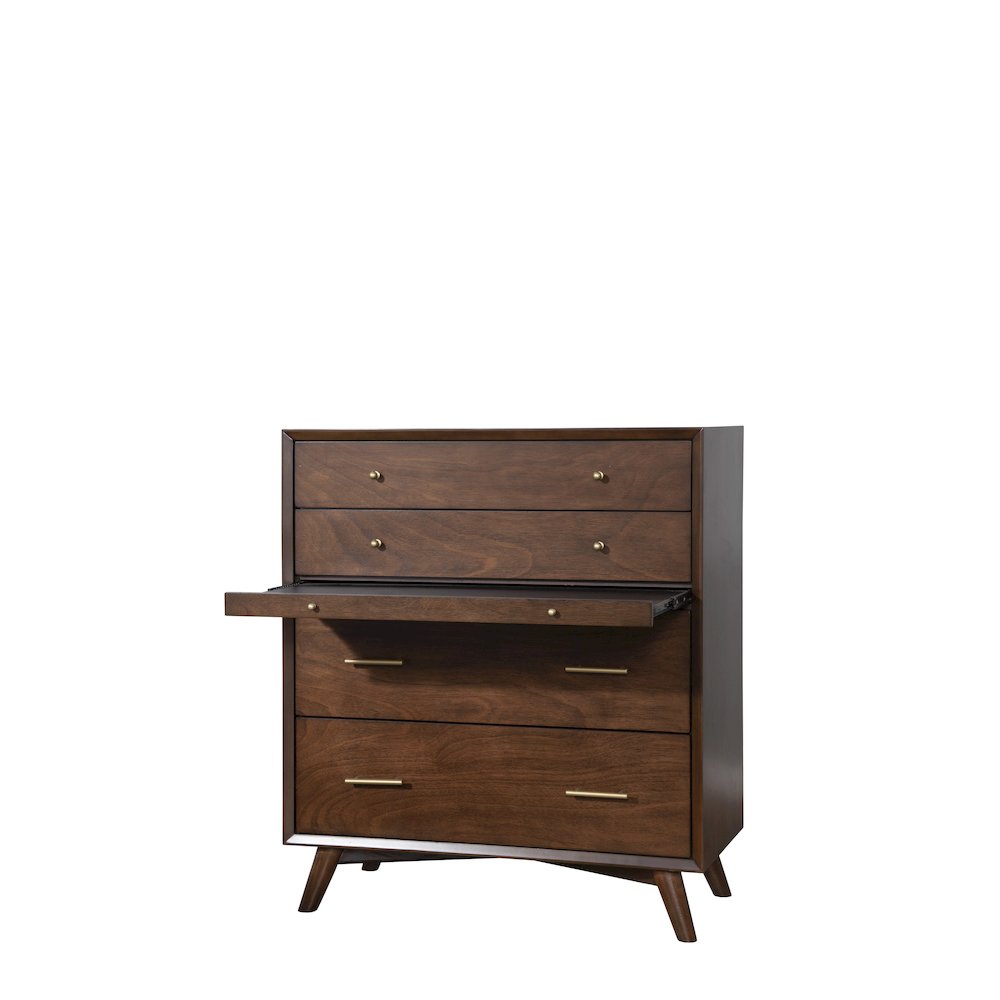 Flynn Mid Century Modern 4 Drawer Multifunction Chest w/Pull Out Tray, Walnut. Picture 7