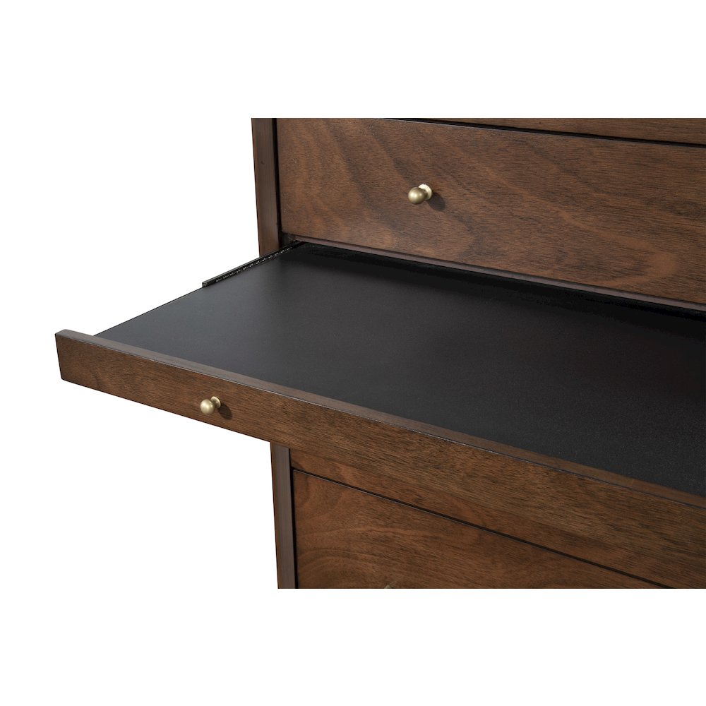Flynn Mid Century Modern 4 Drawer Multifunction Chest w/Pull Out Tray, Walnut. Picture 9