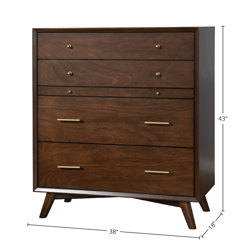 Flynn Mid Century Modern 4 Drawer Multifunction Chest w/Pull Out Tray, Walnut. Picture 1