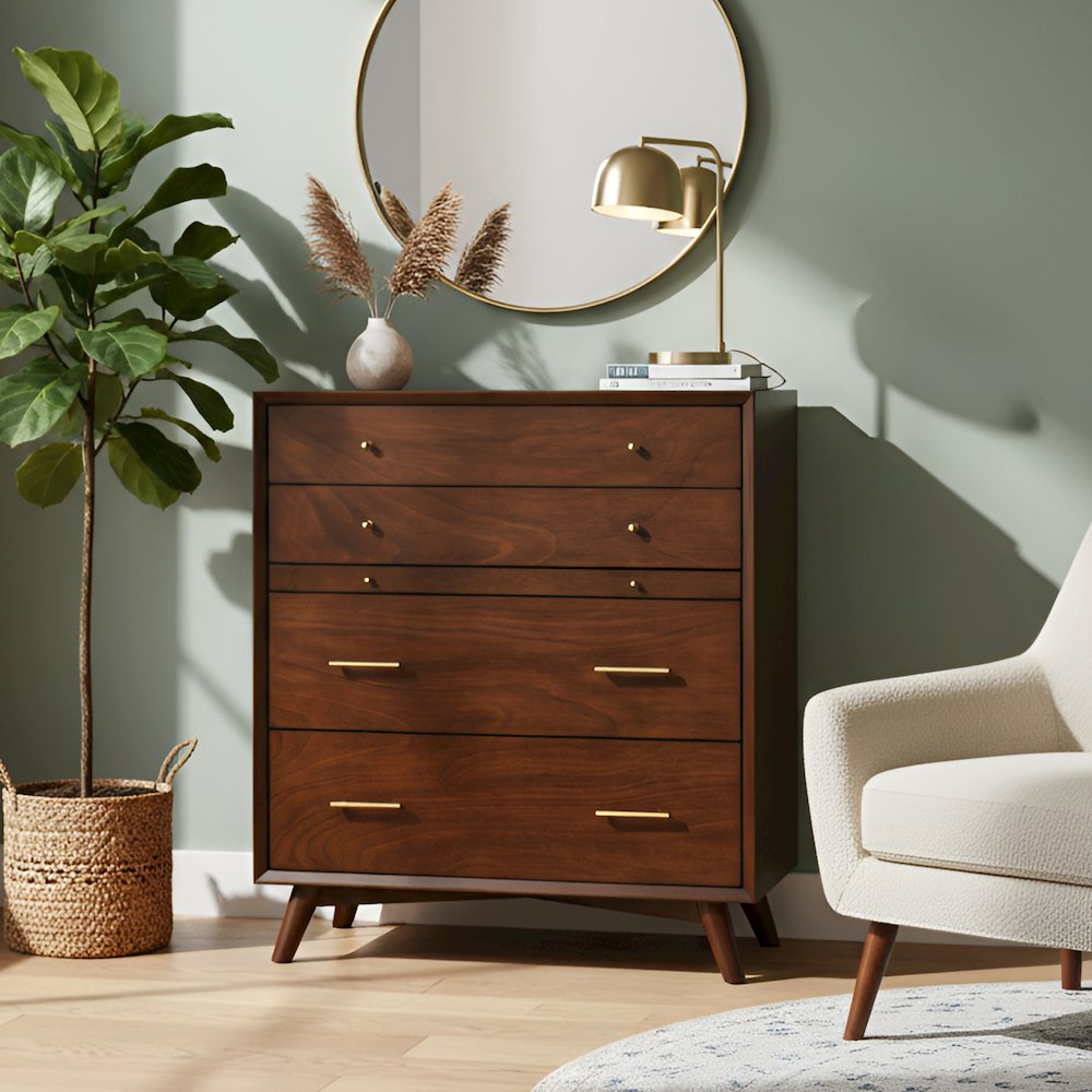 Flynn Mid Century Modern 4 Drawer Multifunction Chest w/Pull Out Tray, Walnut. Picture 2