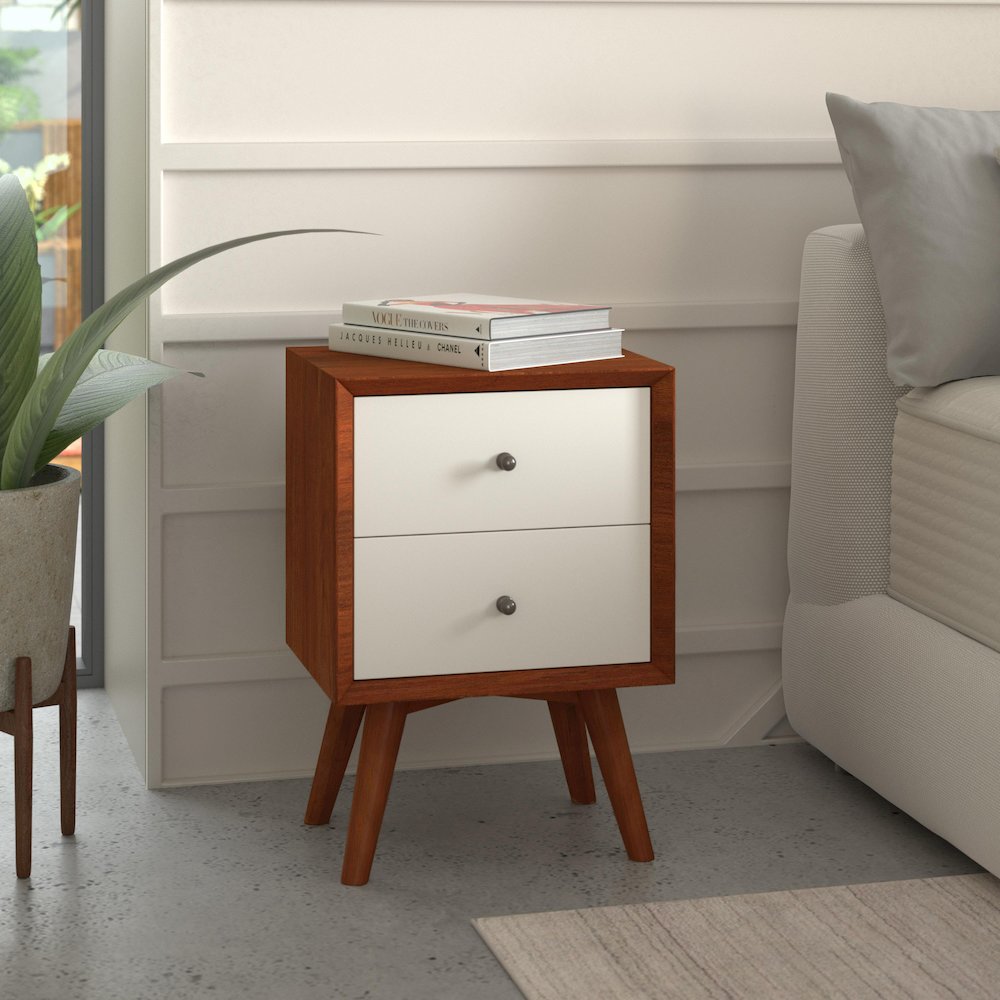 Flynn 2 Drawer Two Tone Nightstand, Acorn/White. Picture 5