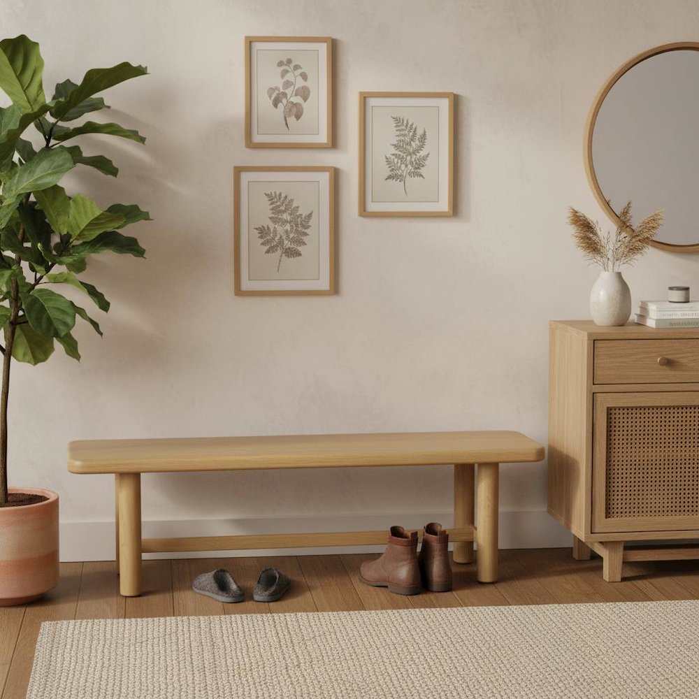 Light Oak Modern Dining Bench with Open Leg Space and Sleek Design. Picture 3
