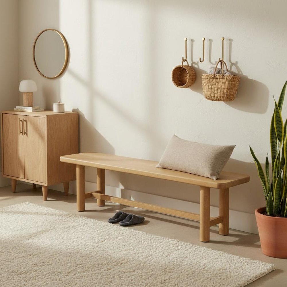Light Oak Modern Dining Bench with Open Leg Space and Sleek Design. Picture 2