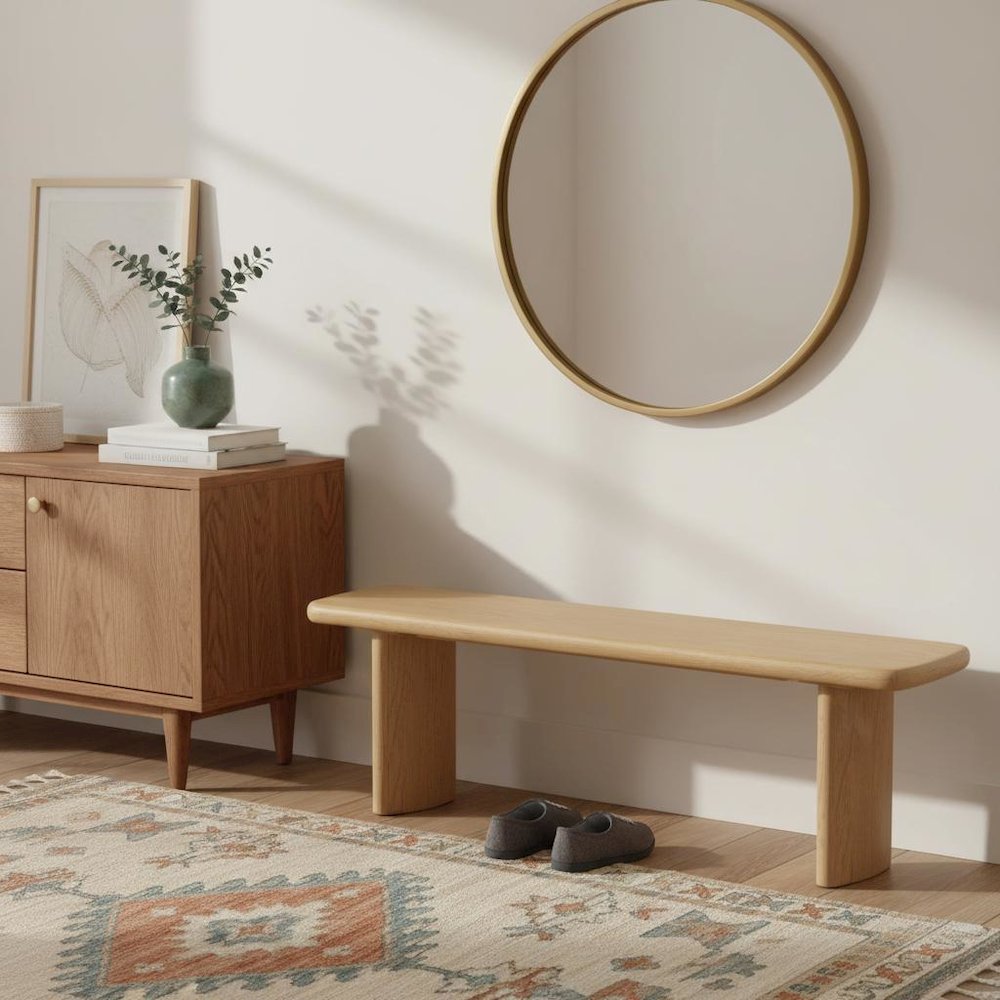 Light Oak Modern Dining Bench with Sturdy Frame and Comfortable Seating. Picture 2