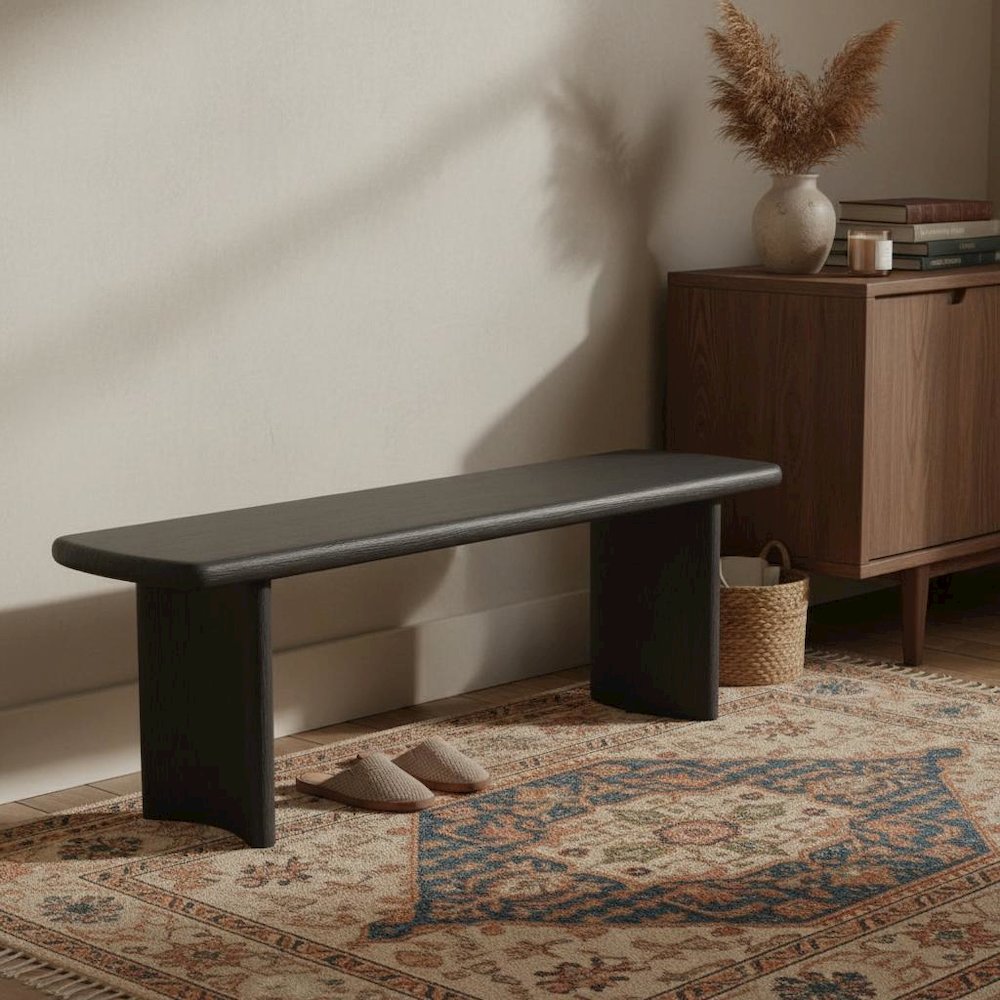Black Modern Dining Bench with Sturdy Frame and Comfortable Seating. Picture 2