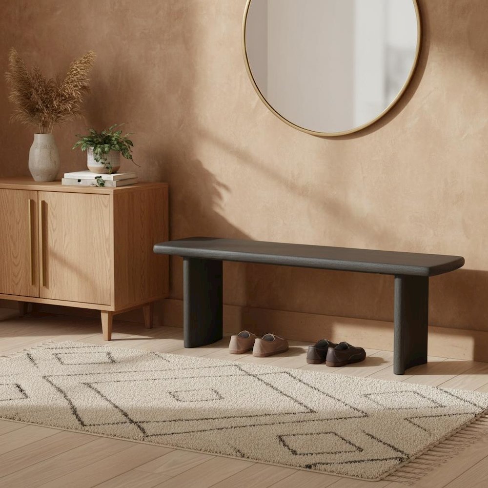 Black Modern Dining Bench with Sturdy Frame and Comfortable Seating. Picture 3
