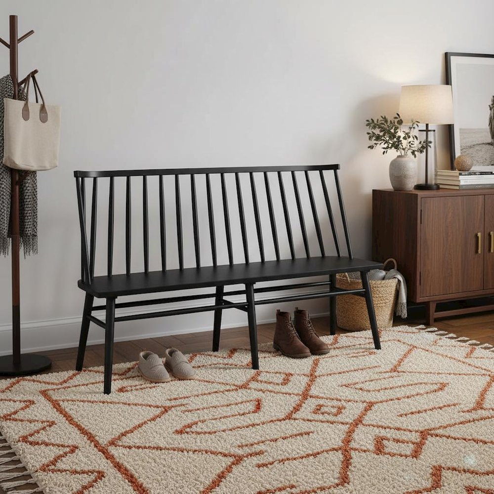 Farmhouse Style Windsor Dining Bench with Solid Wood Frame and Comfortable Seat. Picture 2