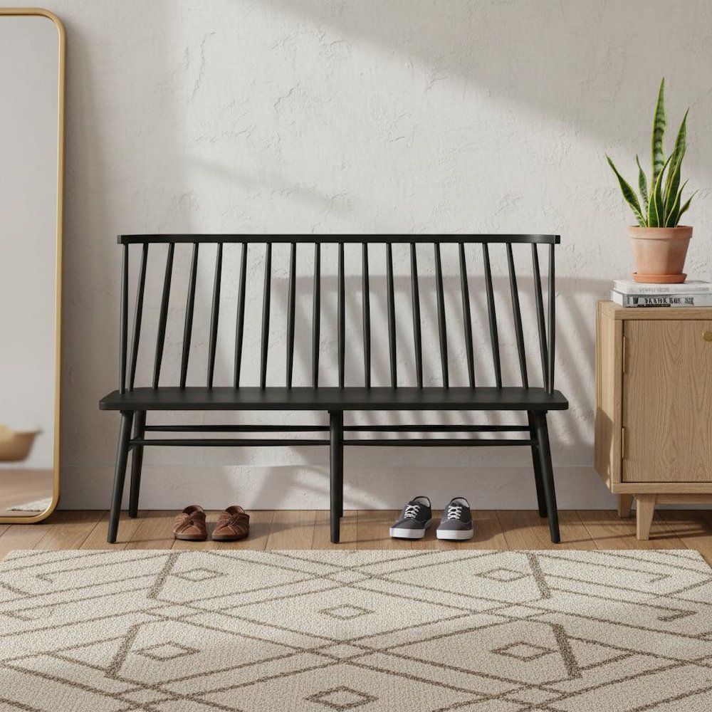 Farmhouse Style Windsor Dining Bench with Solid Wood Frame and Comfortable Seat. Picture 3