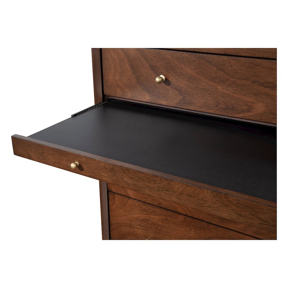 Flynn Mid Century Modern 4 Drawer Multifunction Chest w/Pull Out Tray, Walnut. Picture 7