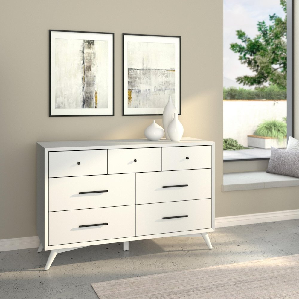 Flynn Mid Century Modern 7 Drawer Dresser, White. Picture 3