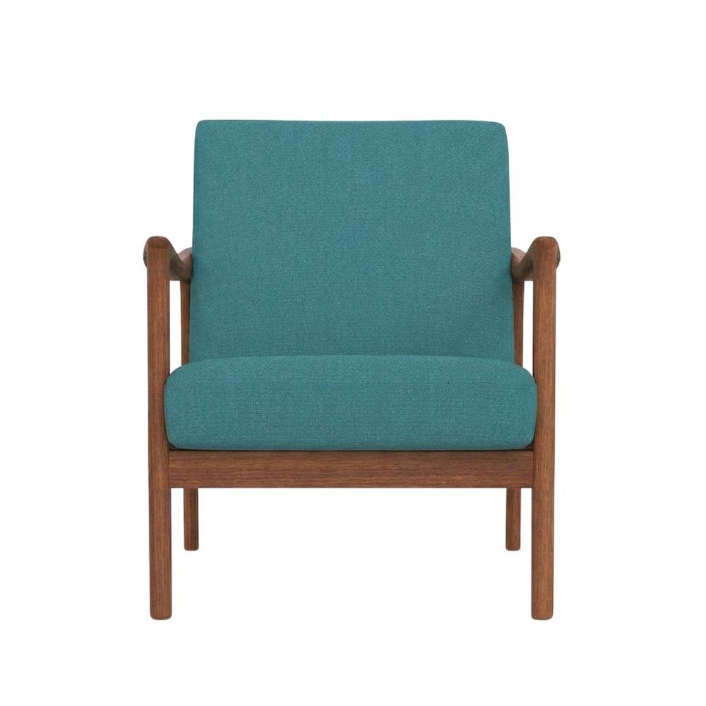 Solid Rubberwood Lounge Chair, Transitional Accent Chair, Medium Brown-Turquoise. Picture 1