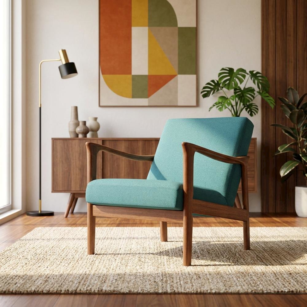 Solid Rubberwood Lounge Chair, Transitional Accent Chair, Medium Brown-Turquoise. Picture 2